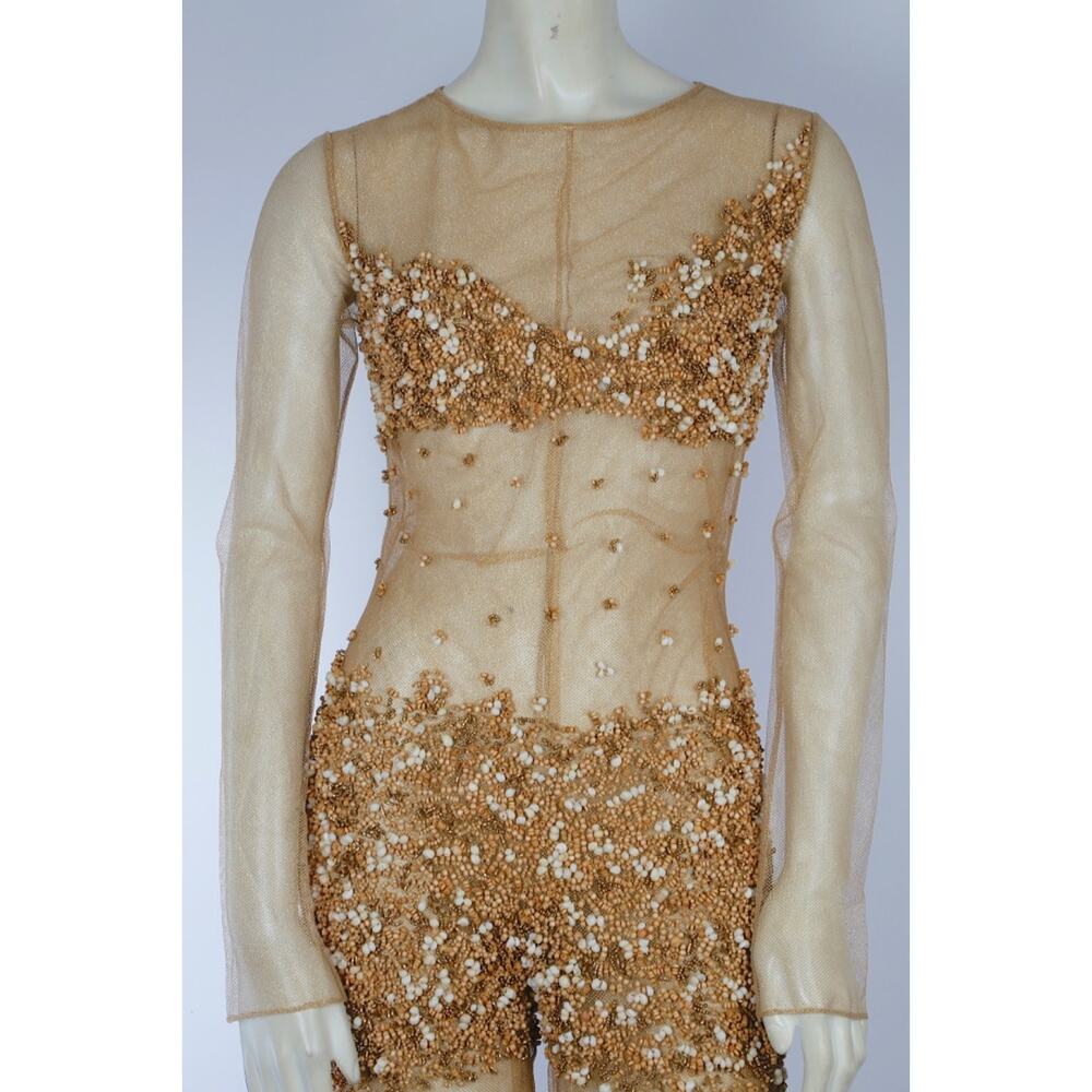 VTG One of a Kind Couture Jumpsuit Sheer Metallic Gold Beaded Wide Leg Designer - Picture 8 of 16